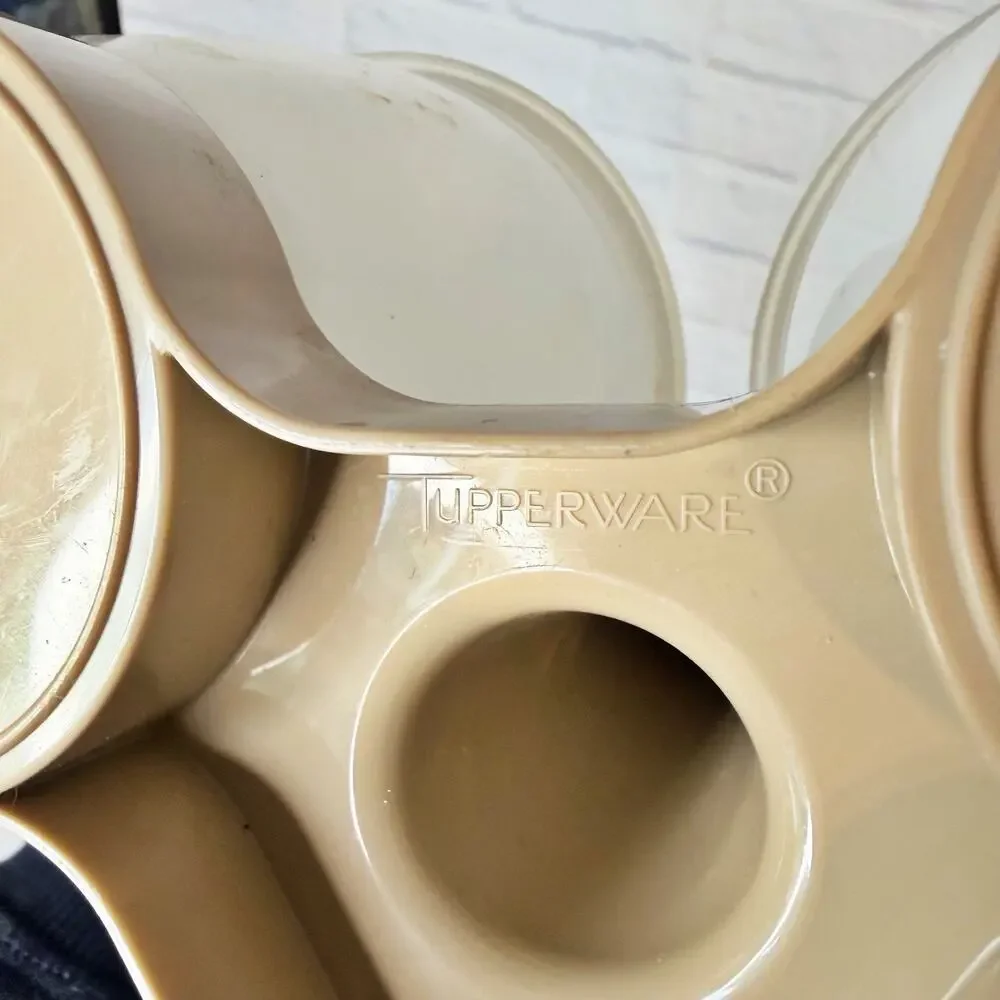 Vintage Tupperware Condiment Serving Caddy Almond 3 Containers Lids 757-2